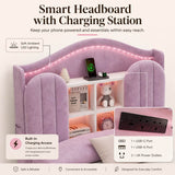 3ft Single Kids Upholstered Bed - House-Inspired LED Storage Headboard, Charging Station and 2 Reversible Drawers, Purple