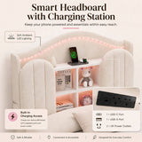 3ft Single Kids Upholstered Bed - House-Inspired LED Storage Headboard, Charging Station and 2 Reversible Drawers, Cream White
