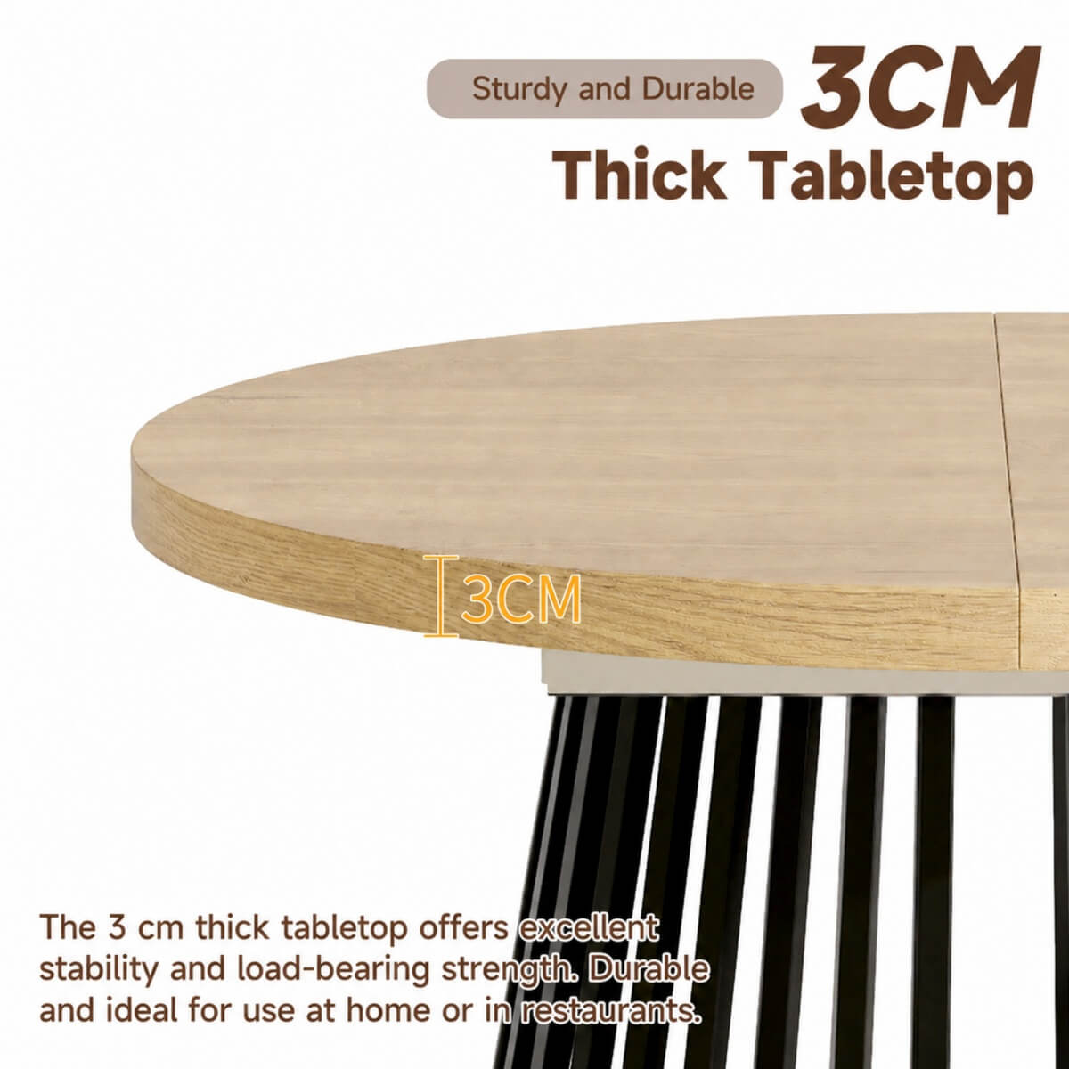 4-8 Seater Extendable Round Dining Table - Round to Oval Kitchen Table with 3cm Thick Tabletop and Metal Pedestal Base, Oak and Black