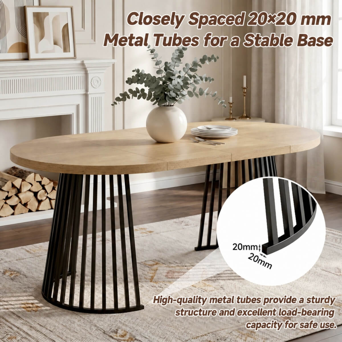 4-8 Seater Extendable Round Dining Table - Round to Oval Kitchen Table with 3cm Thick Tabletop and Metal Pedestal Base, Oak and Black