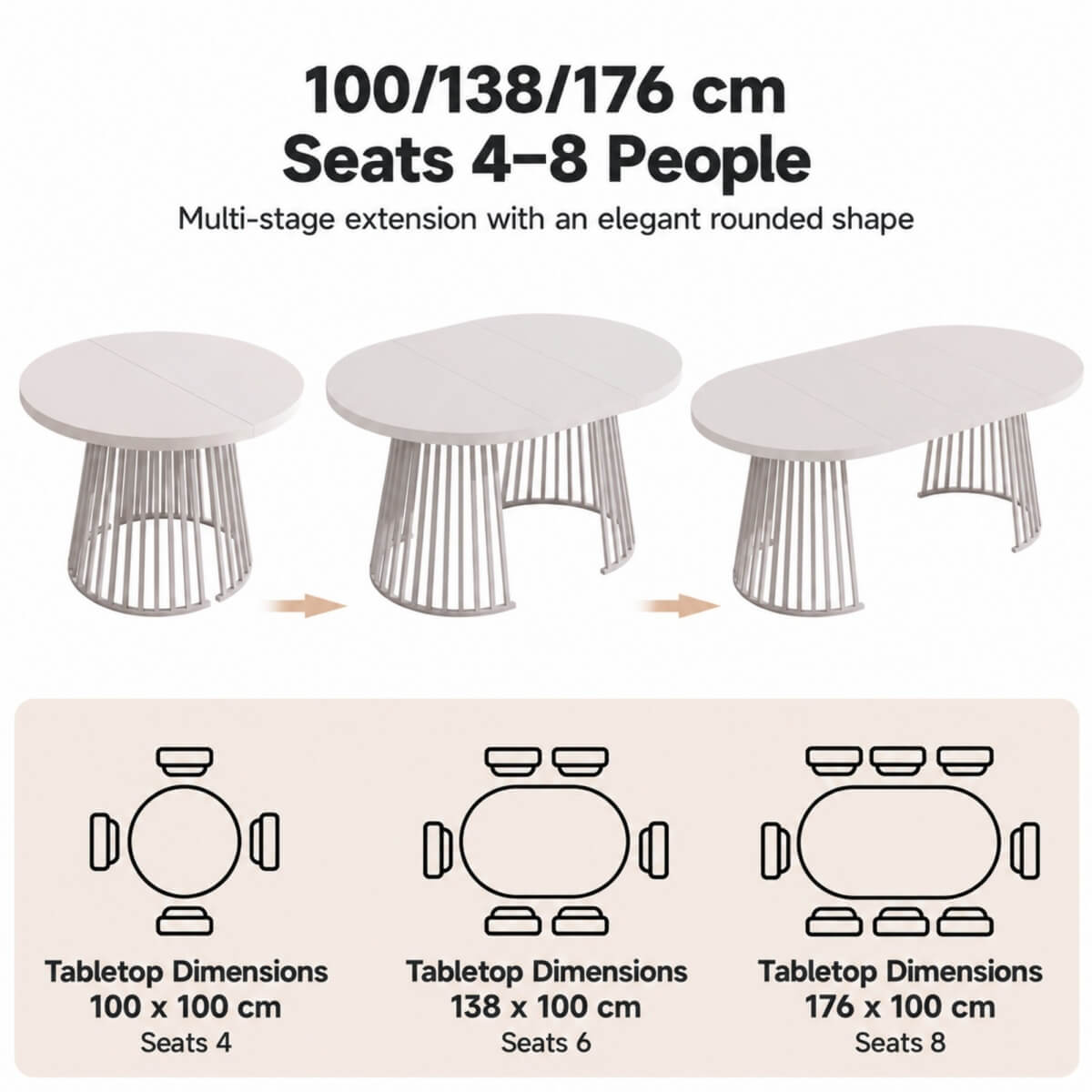 4-8 Seater Extendable Round Dining Table - Round to Oval Kitchen Table with 3cm Thick Tabletop and Metal Pedestal Base, Cashmere