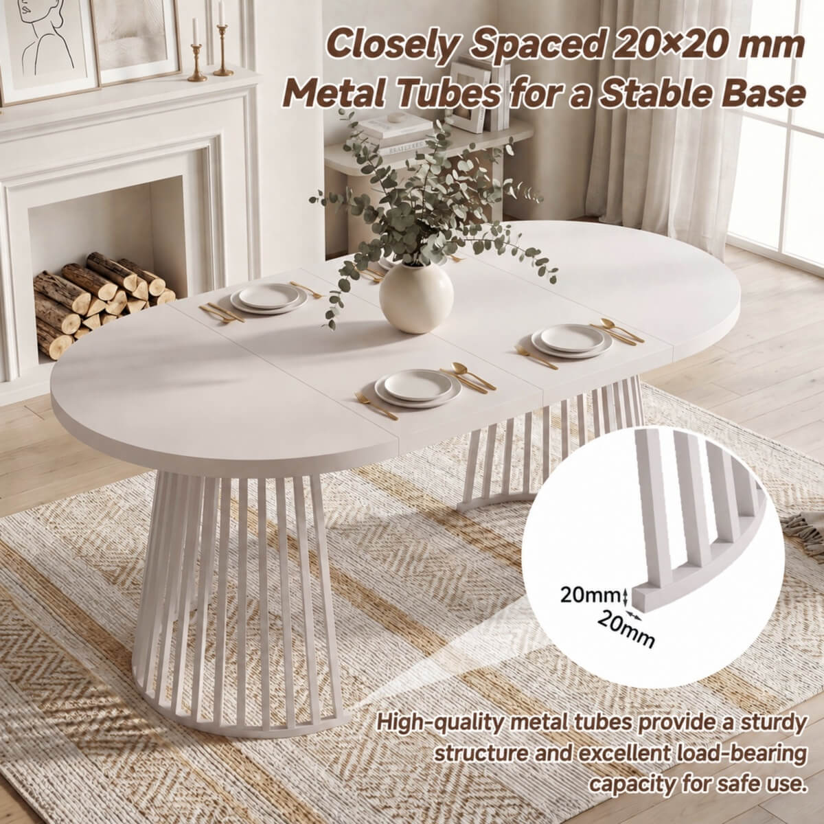 4-8 Seater Extendable Round Dining Table - Round to Oval Kitchen Table with 3cm Thick Tabletop and Metal Pedestal Base, Cashmere