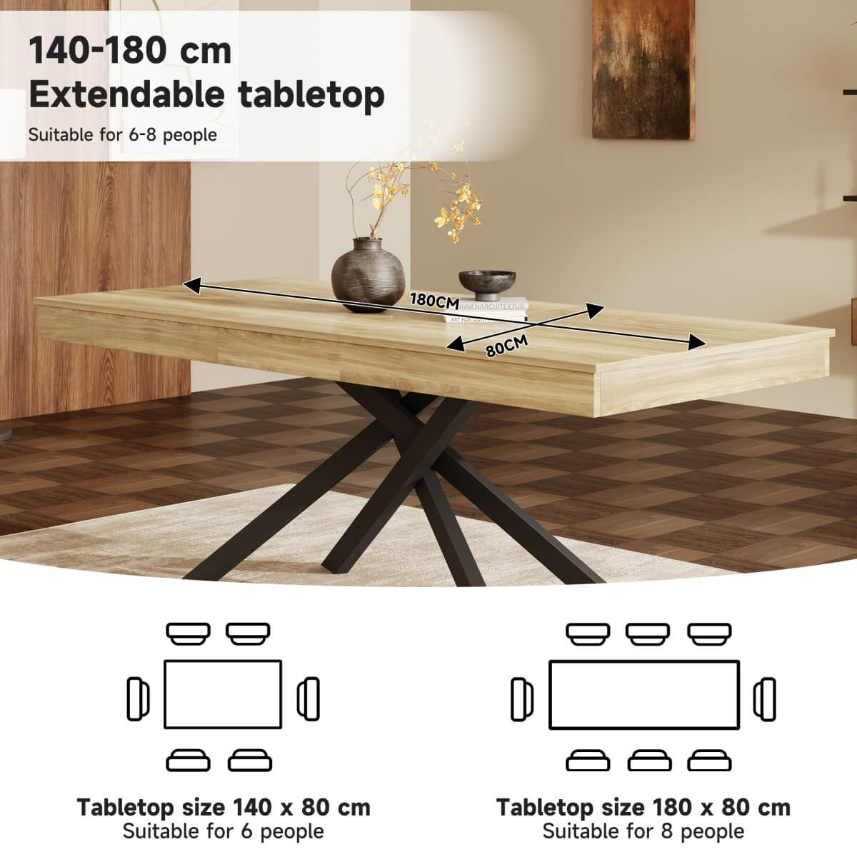 Extendable Dining Table 140 to 180 cm – Rectangular Table for 6 to 8 People with Metal Legs