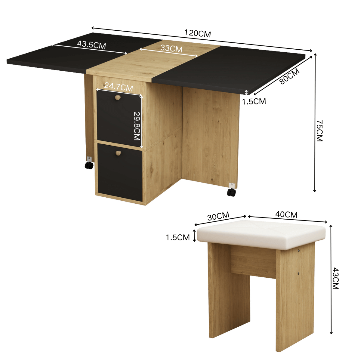 Dining Table Set with 4 Chairs – Extendable & Folding, Multifunctional Dining Table, 120 × 80 × 75 cm