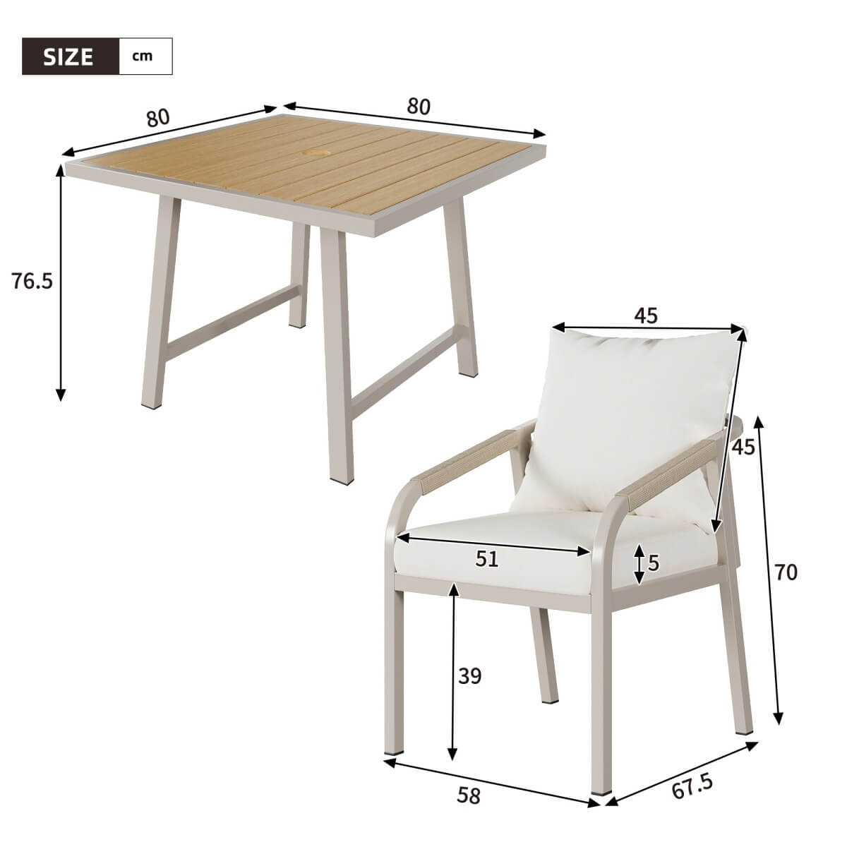 4 Seater Garden Dining Set - Outdoor Patio Table and Chairs with Umbrella Hole, Beige