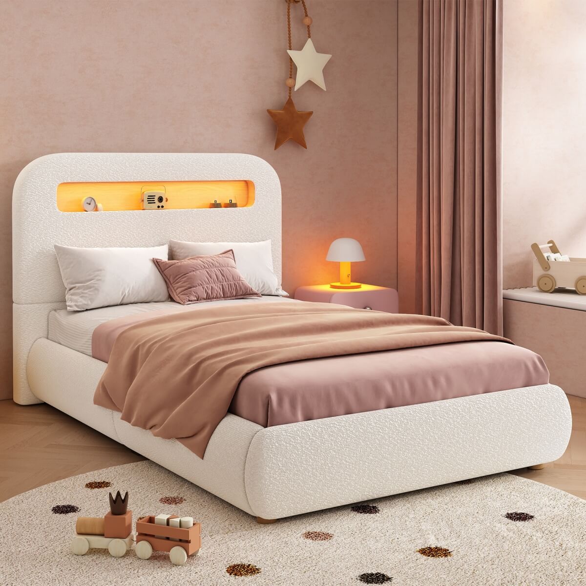 3ft Upholstered Hydraulic Storage Bed - LED Headboard, Bouclé, White