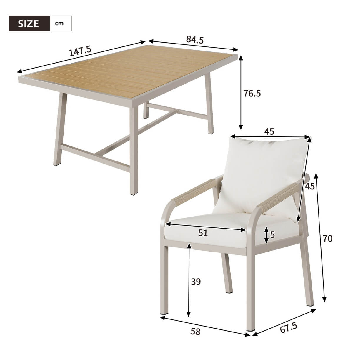 6 Seater Garden Dining Set - Galvanised Iron Frame, Rope Chairs & Wood Effect Table, Beige