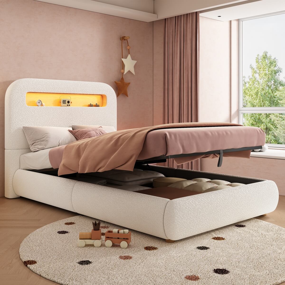 3ft Upholstered Hydraulic Storage Bed - LED Headboard, Bouclé, White