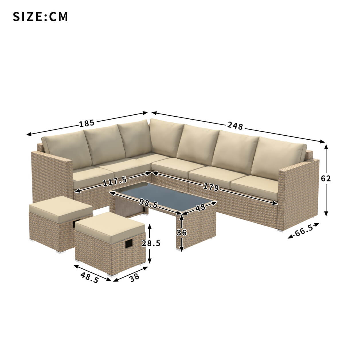 Garden Corner Sofa Set – Khaki Rattan Outdoor Furniture with Coffee Table and 2 Stools