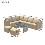 Garden Corner Sofa Set – Khaki Rattan Outdoor Furniture with Coffee Table and 2 Stools