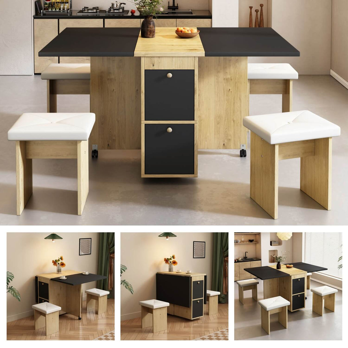 Dining Table Set with 4 Chairs – Extendable & Folding, Multifunctional Dining Table, 120 × 80 × 75 cm