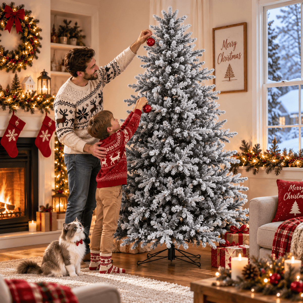 Snow-Flocked Artificial Christmas Tree - Realistic Green Xmas Tree with Faux Snow Effect, 7ft/8ft