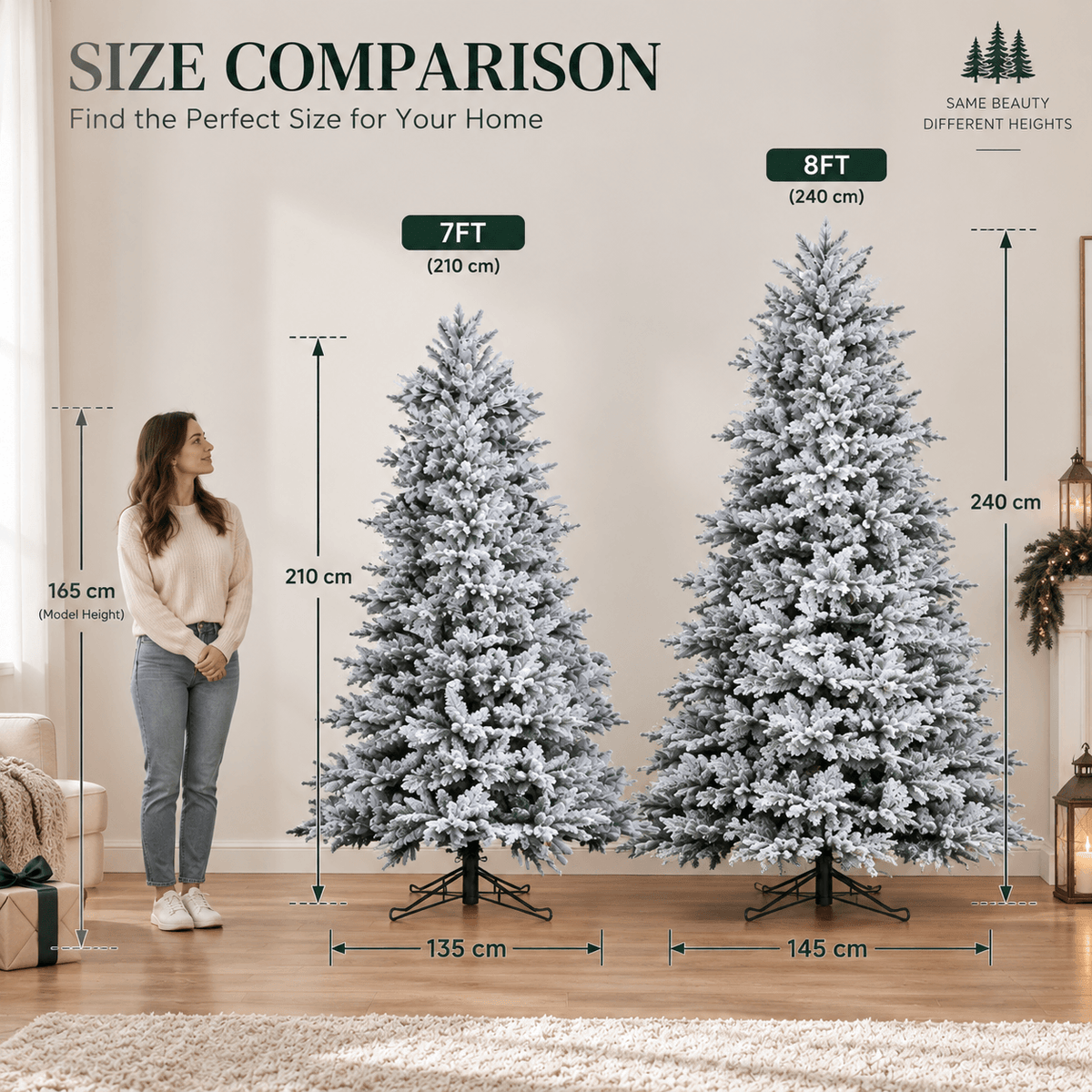 Snow-Flocked Artificial Christmas Tree - Realistic Green Xmas Tree with Faux Snow Effect, 7ft/8ft