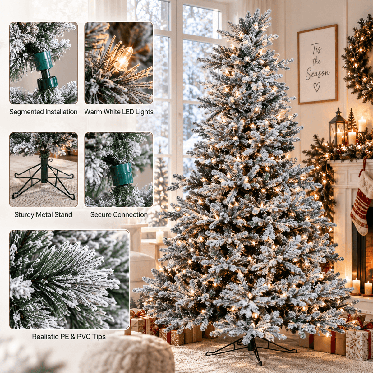 Pre-Lit Flocked Christmas Tree - Artificial Snow-Flocked Christmas Tree with Built-in Lights
