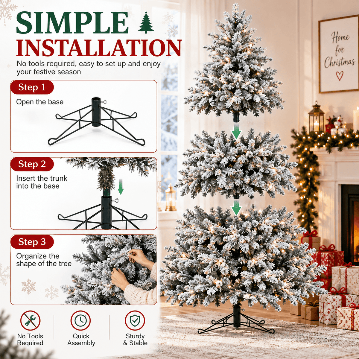 Pre-Lit Flocked Christmas Tree - Artificial Snow-Flocked Christmas Tree with Built-in Lights