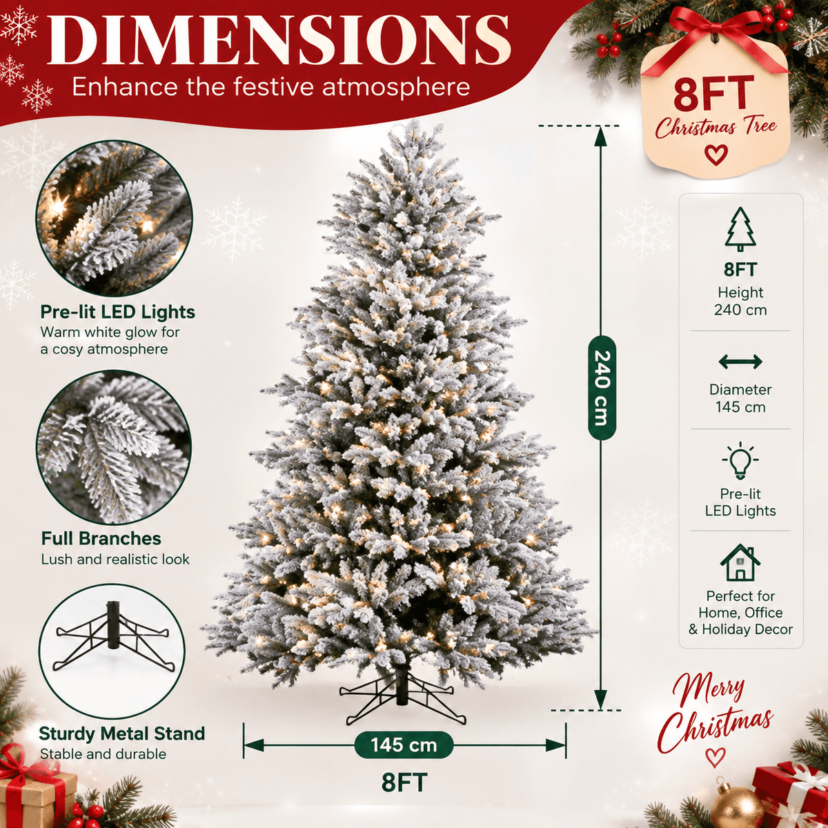 Pre-Lit Flocked Christmas Tree - Artificial Snow-Flocked Christmas Tree with Built-in Lights