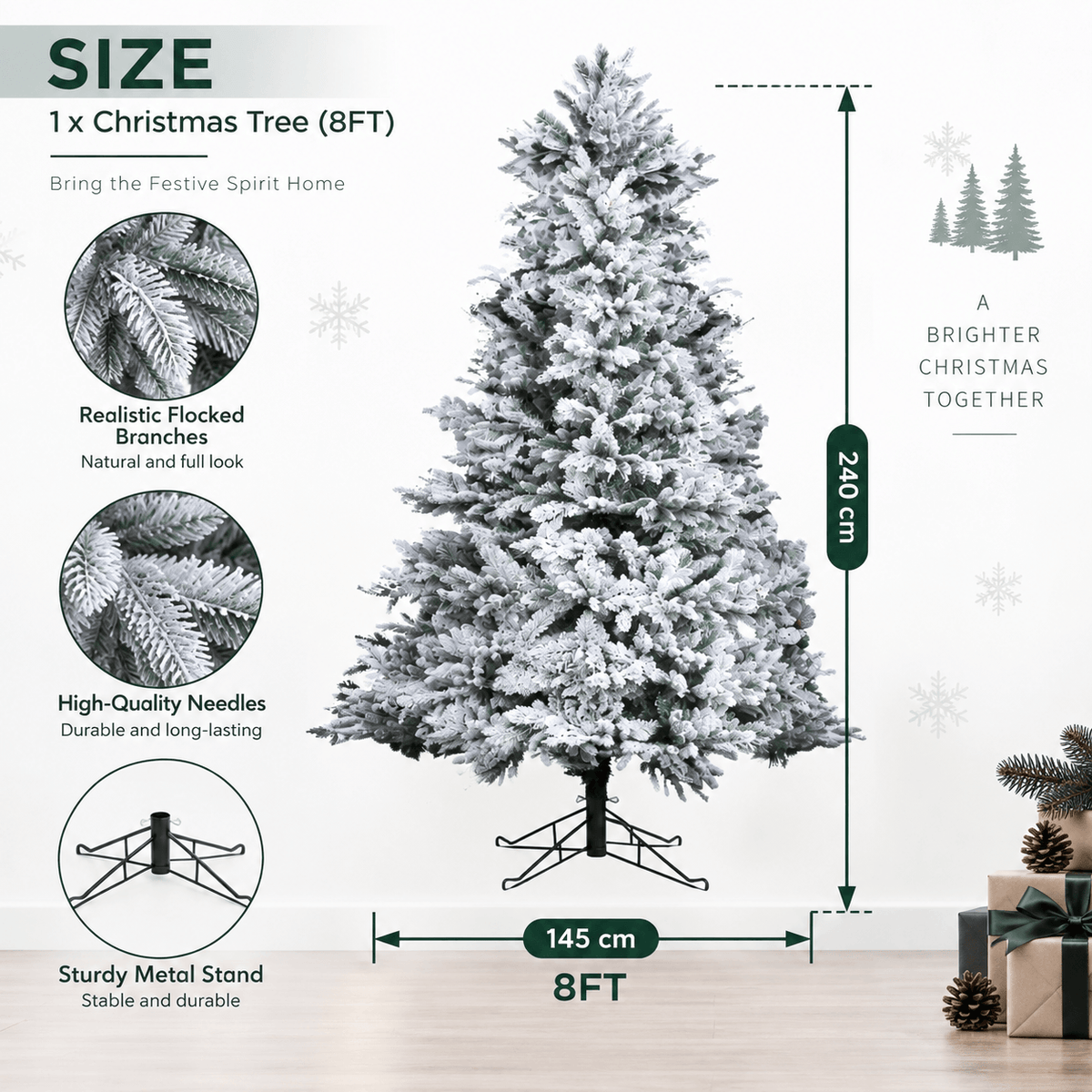 Snow-Flocked Artificial Christmas Tree - Realistic Green Xmas Tree with Faux Snow Effect, 7ft/8ft