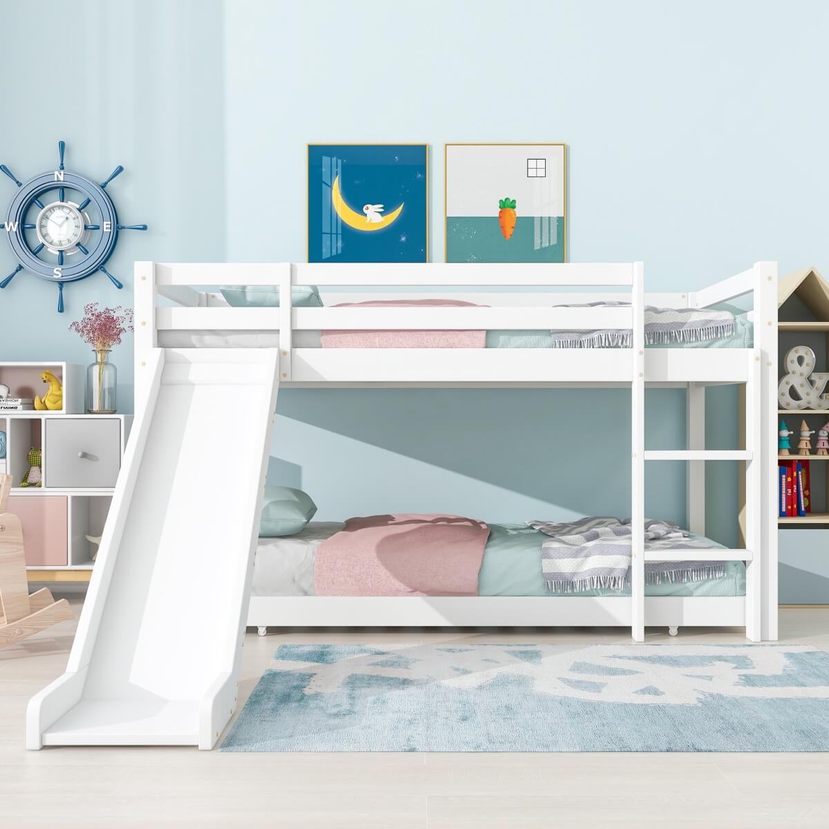 Children's Cabin Bunk Bed with Slide & Ladder — Adjustable Lower Bed for Kids