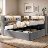 3ft Single Velvet Upholstered Daybed with Hydraulic Storage - L-Shaped Sofa Bed with LED Lights and USB Charging, Grey