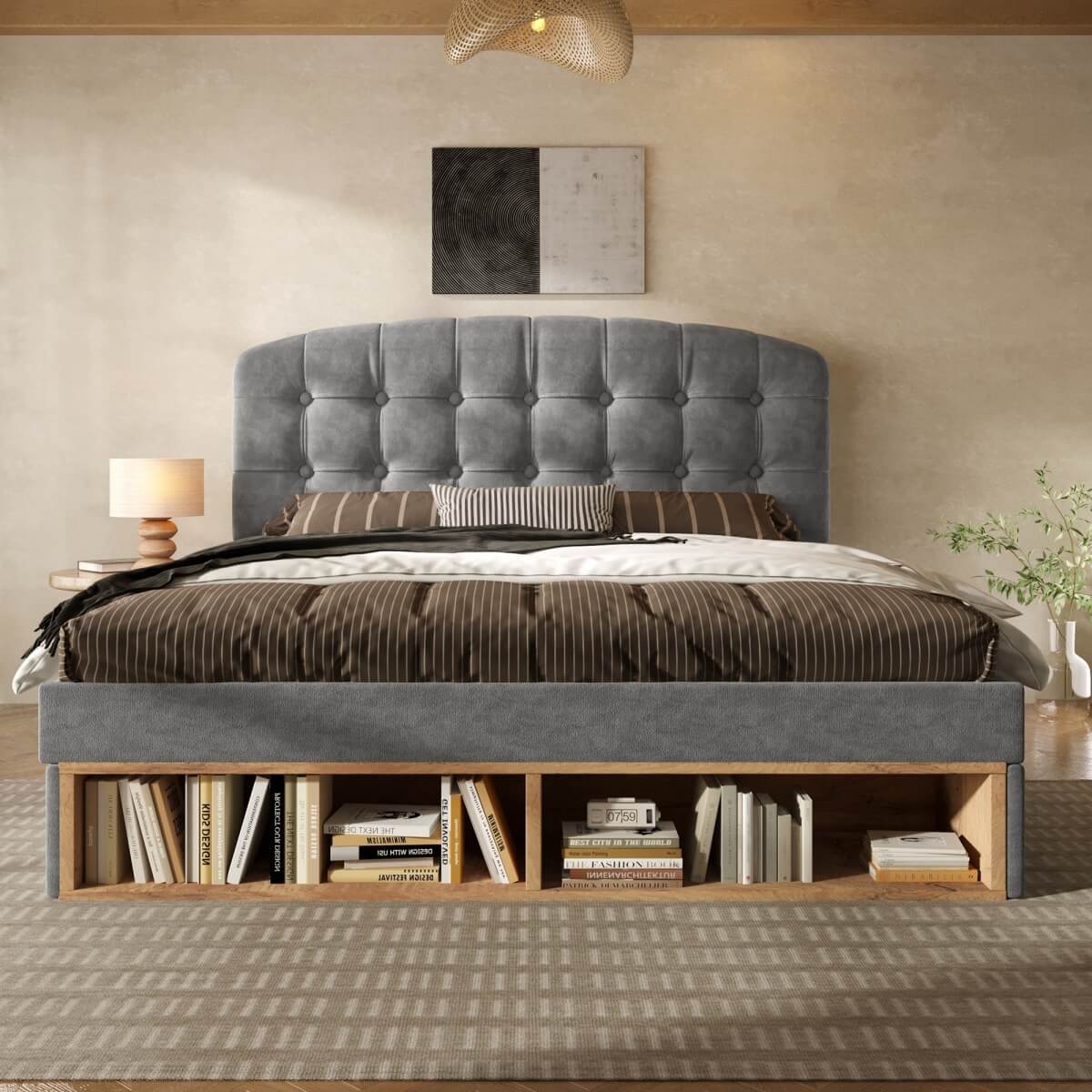 4ft6 Double Velvet Storage Bed - Upholstered Bed Frame with Drawers and Adjustable Headboard, Grey