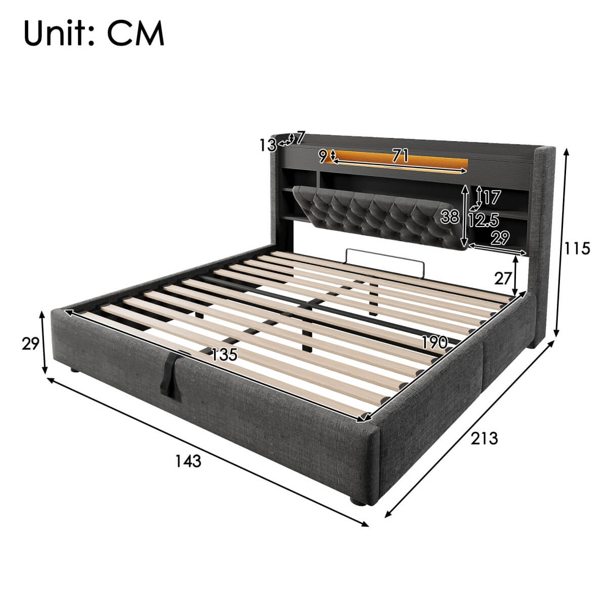 4ft6 Double Upholstered Storage Bed with Hydraulic Lift - LED Lighting & Charging Station, Linen, Grey