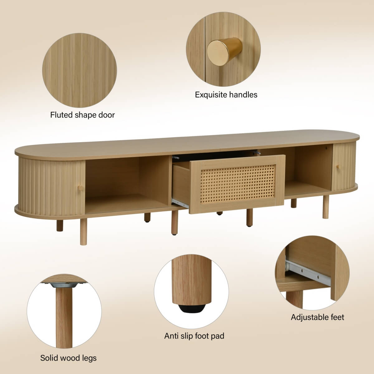 Oval TV Stand with 1 Rattan Drawer & 2 Sliding Doors – Light Wood TV Cabinet Sideboard for Living Room