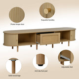 Oval TV Stand with 1 Rattan Drawer & 2 Sliding Doors – Light Wood TV Cabinet Sideboard for Living Room