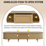 Oval TV Stand with 1 Rattan Drawer & 2 Sliding Doors – Light Wood TV Cabinet Sideboard for Living Room