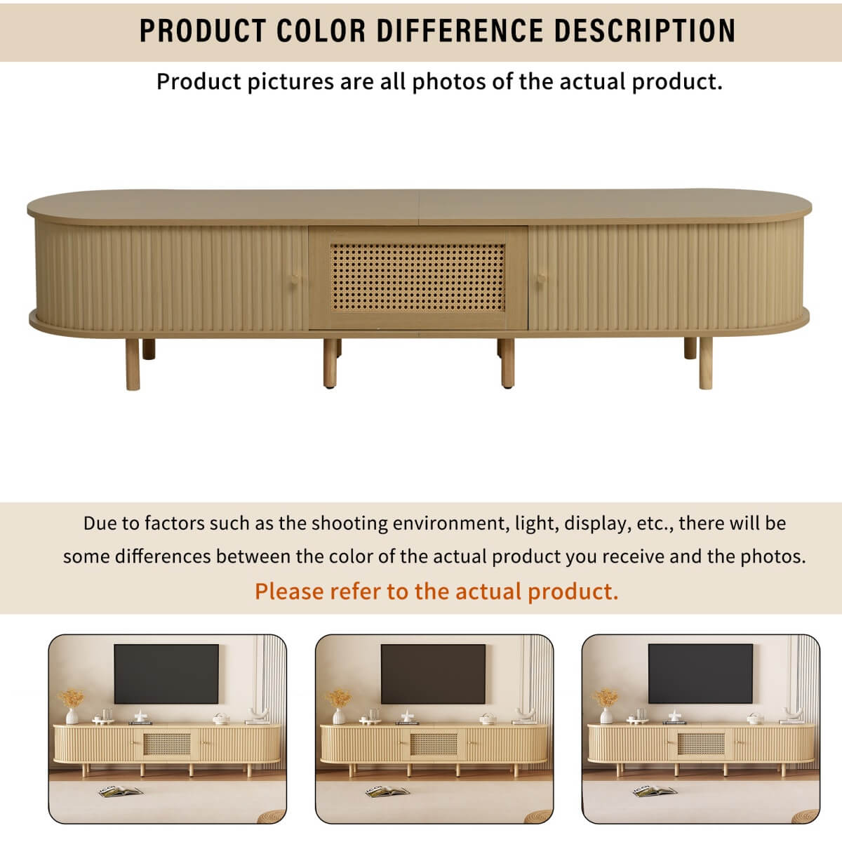 Oval TV Stand with 1 Rattan Drawer & 2 Sliding Doors – Light Wood TV Cabinet Sideboard for Living Room