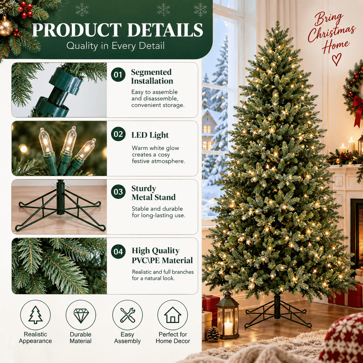 Lush Full Green Artificial Christmas Tree - Realistic Xmas Tree with Pre-Lit LED Lights for Festive Home Decoration, 6ft/7ft/8ft