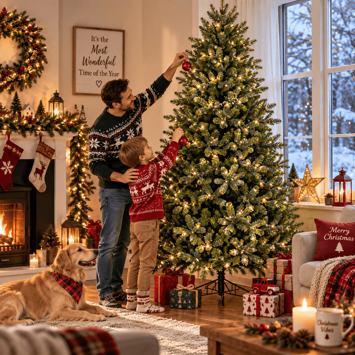Lush Full Green Artificial Christmas Tree - Realistic Xmas Tree with Pre-Lit LED Lights for Festive Home Decoration, 6ft/7ft/8ft