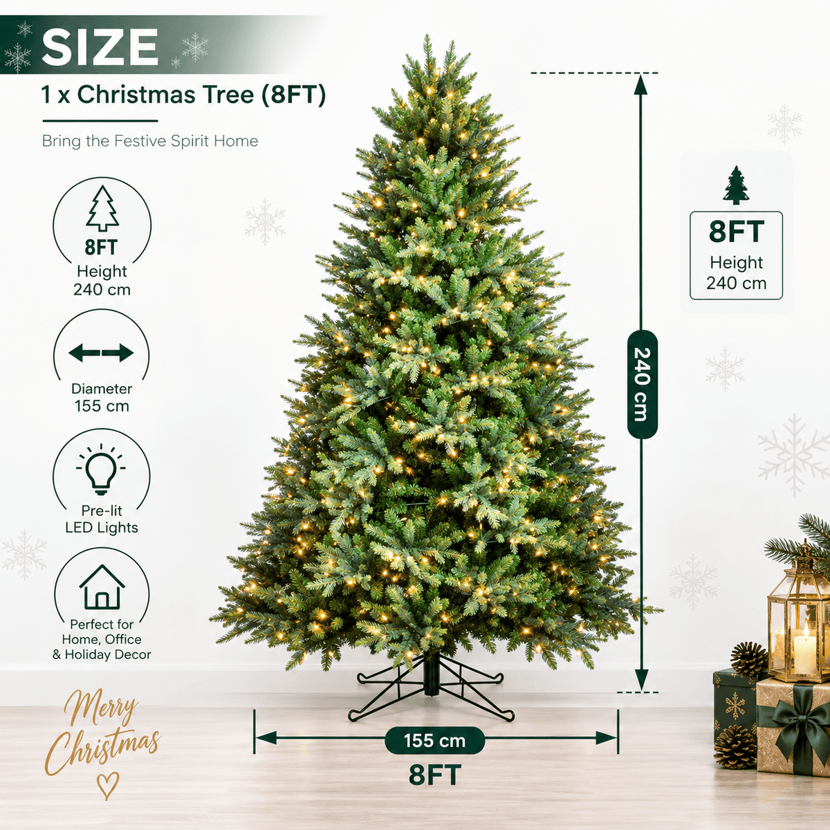 Lush Full Green Artificial Christmas Tree - Realistic Xmas Tree with Pre-Lit LED Lights for Festive Home Decoration, 6ft/7ft/8ft