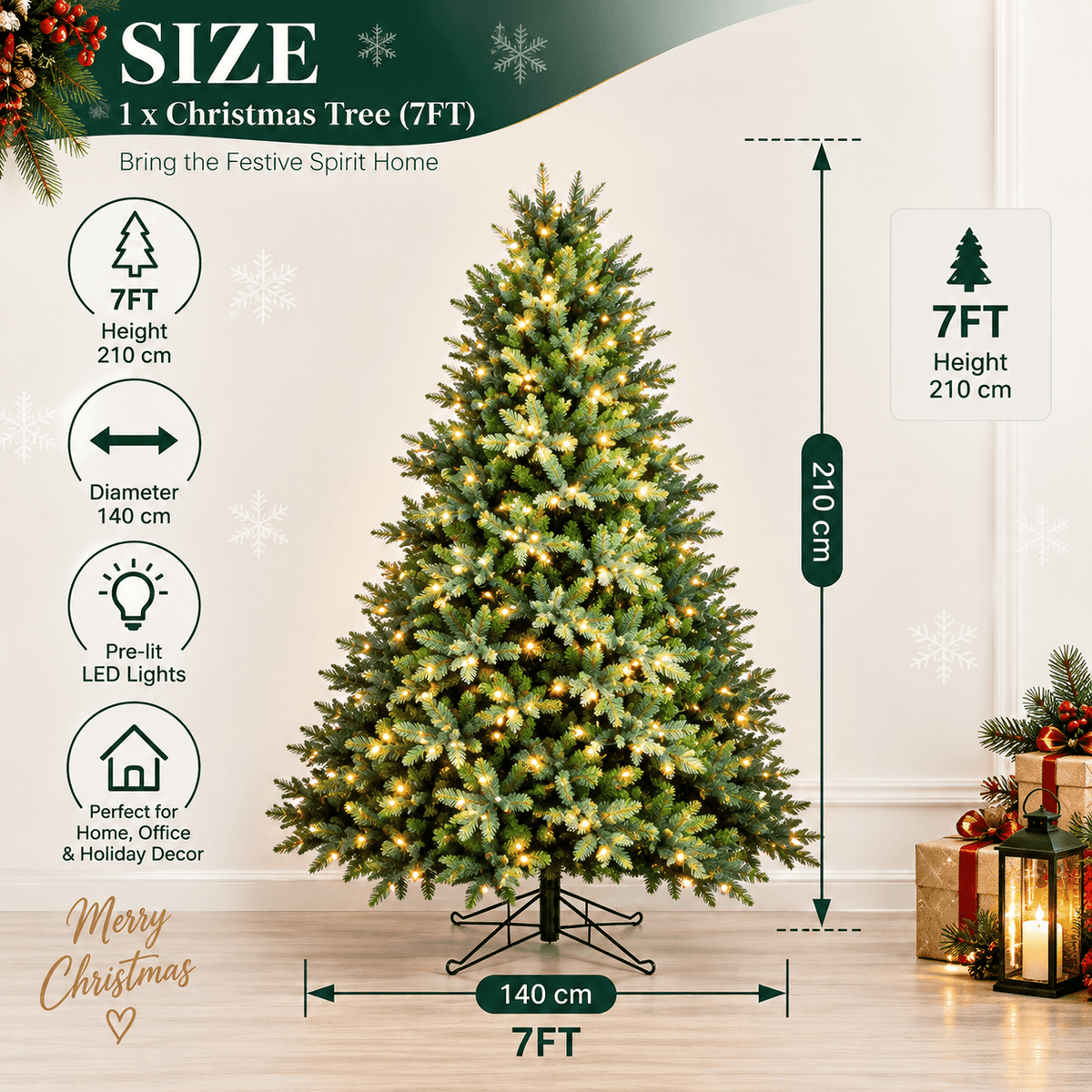 Lush Full Green Artificial Christmas Tree - Realistic Xmas Tree with Pre-Lit LED Lights for Festive Home Decoration, 6ft/7ft/8ft
