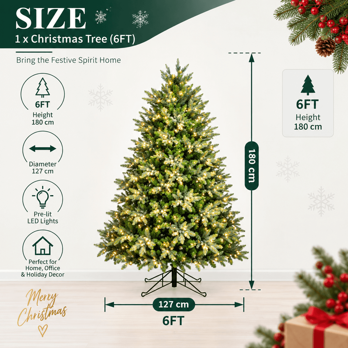 Lush Full Green Artificial Christmas Tree - Realistic Xmas Tree with Pre-Lit LED Lights for Festive Home Decoration, 6ft/7ft/8ft