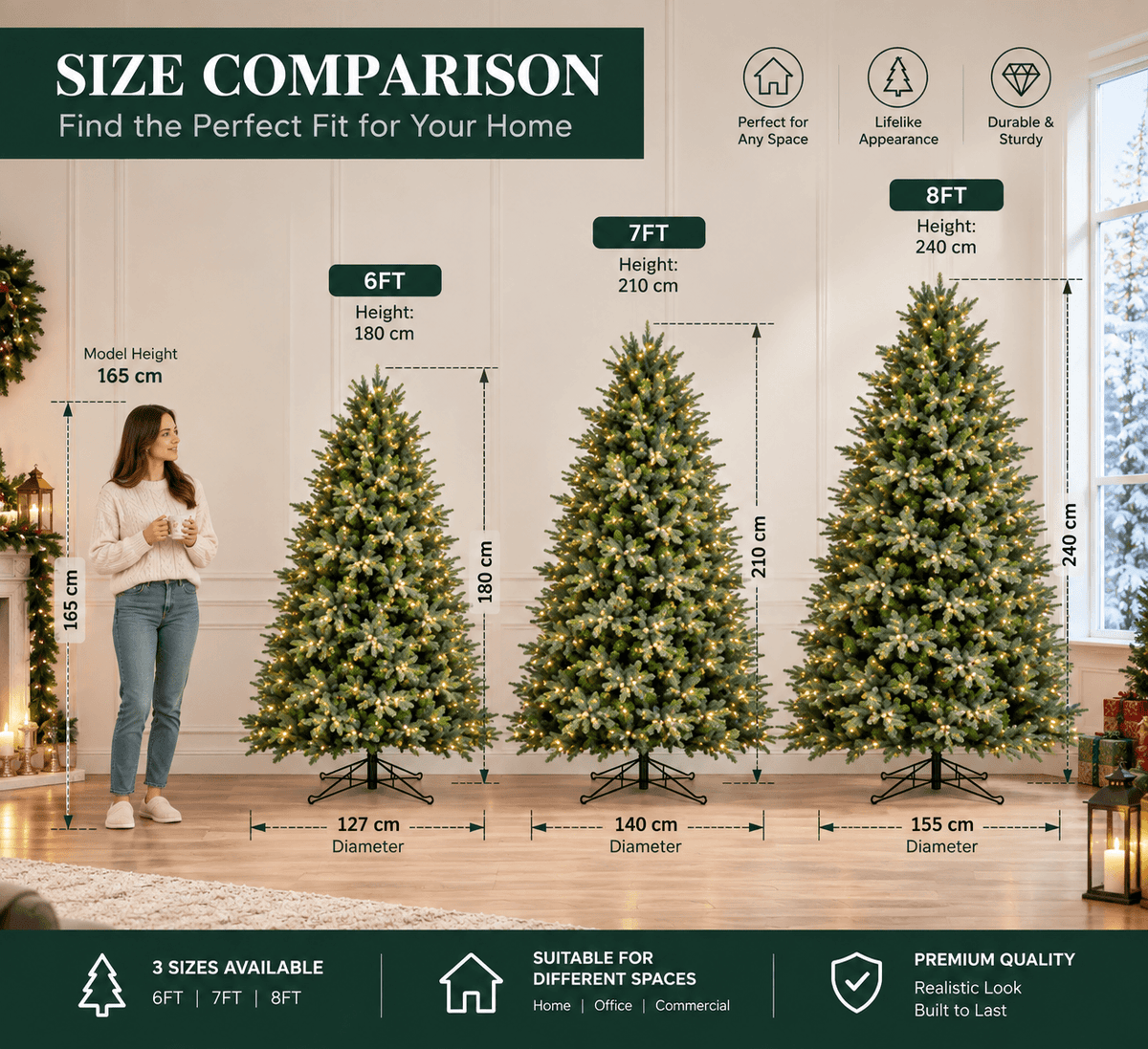 Lush Full Green Artificial Christmas Tree - Realistic Xmas Tree with Pre-Lit LED Lights for Festive Home Decoration, 6ft/7ft/8ft