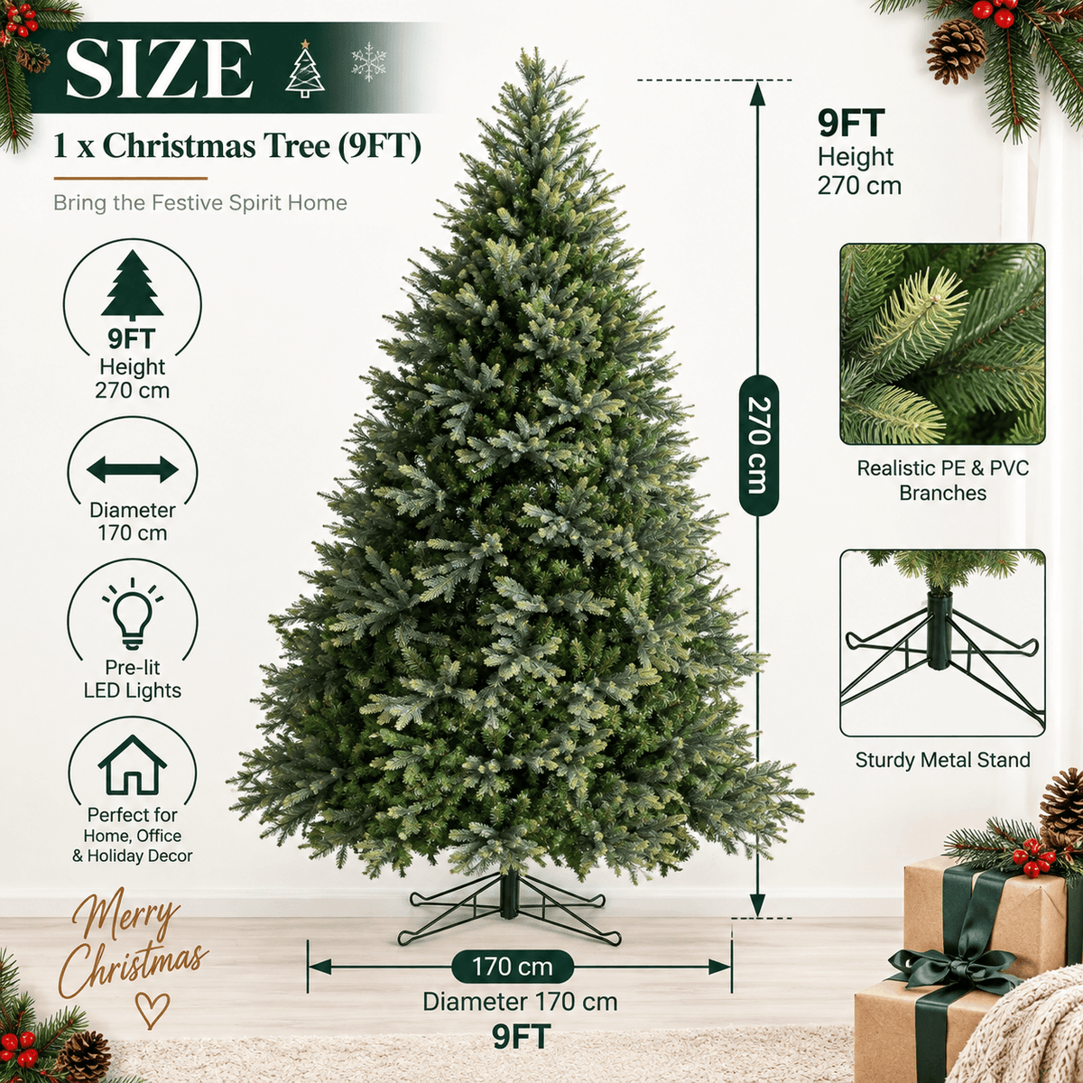Lush Full Green Artificial Christmas Tree - Realistic Xmas Tree for Festive Home Decoration, 7ft/8ft/9ft