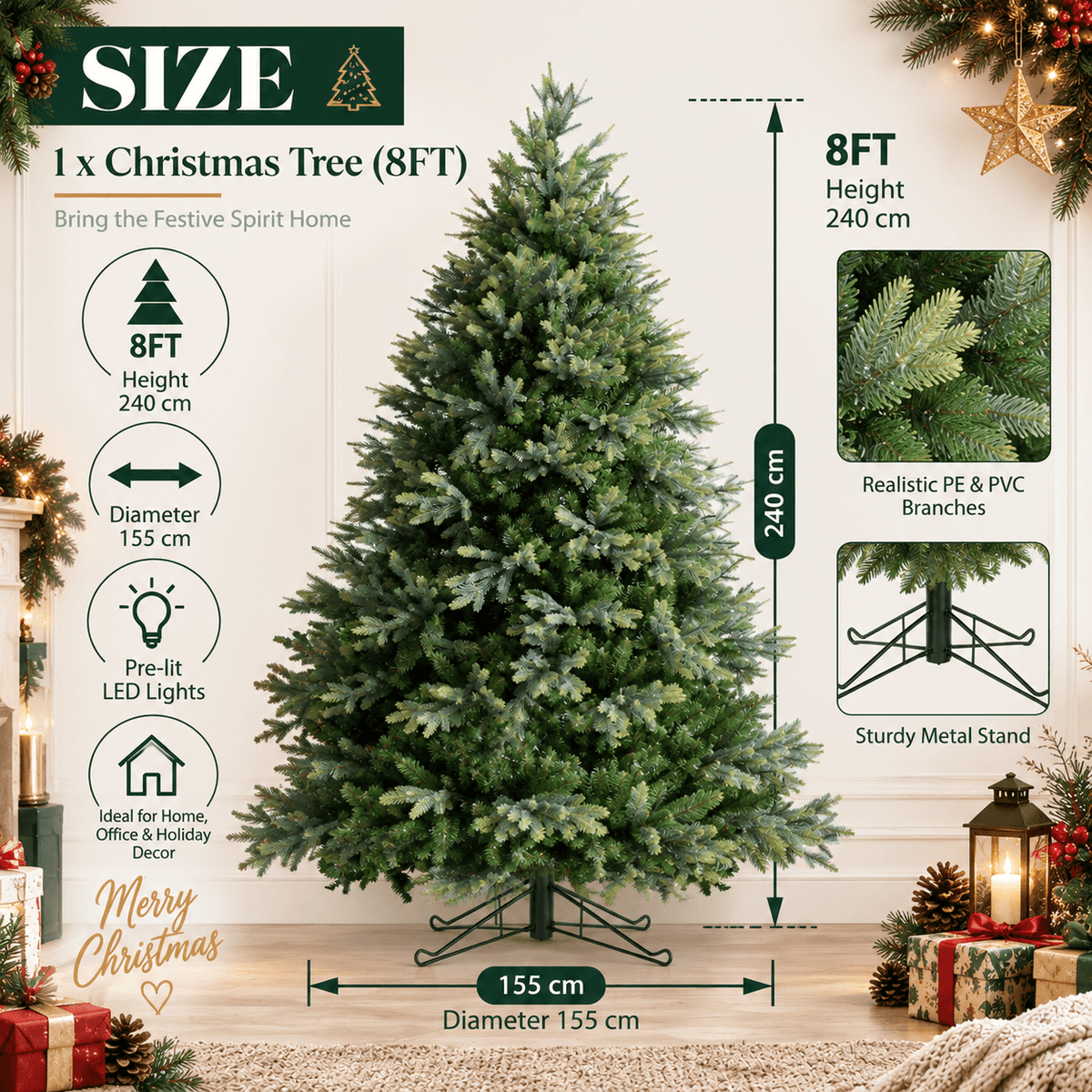 Lush Full Green Artificial Christmas Tree - Realistic Xmas Tree for Festive Home Decoration, 7ft/8ft/9ft