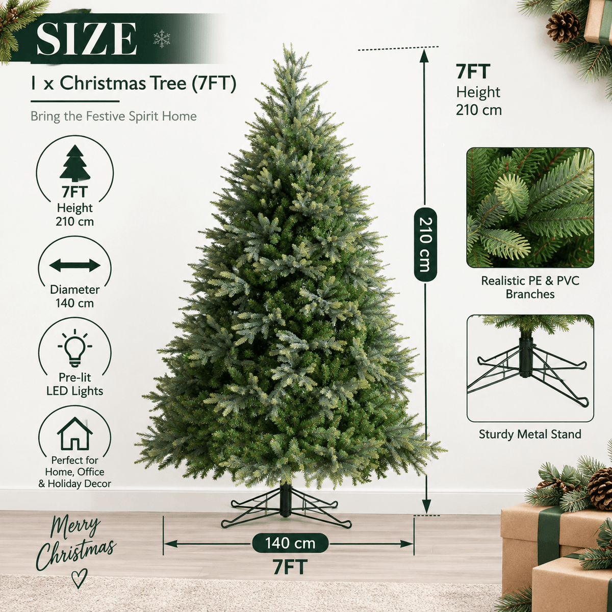 Lush Full Green Artificial Christmas Tree - Realistic Xmas Tree for Festive Home Decoration, 7ft/8ft/9ft