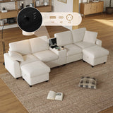 U Shaped Corduroy Sectional Sofa - Modular Sofa with Storage Ottomans, USB & Type-C Charging, Beige