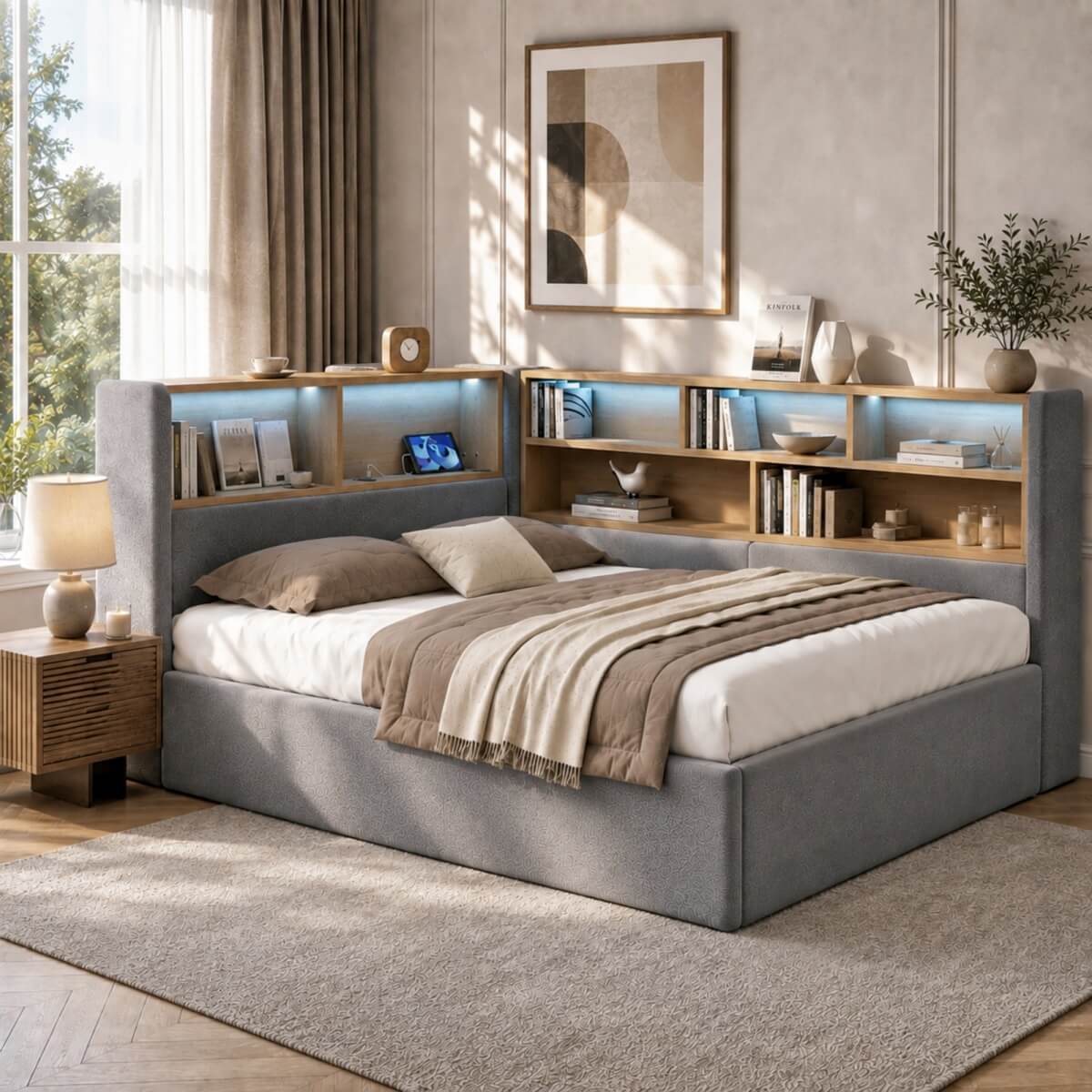 3ft Single Velvet Upholstered Daybed with Hydraulic Storage - L-Shaped Sofa Bed with LED Lights and USB Charging, Grey