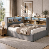 4ft6 Double Velvet Upholstered Daybed with Hydraulic Storage - L-Shaped Sofa Bed with LED Lights and USB Charging, Grey