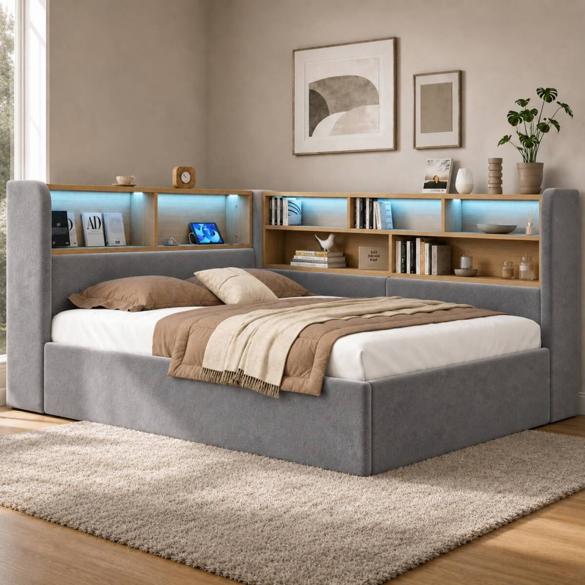 3ft Single Velvet Upholstered Daybed with Hydraulic Storage - L-Shaped Sofa Bed with LED Lights and USB Charging, Grey