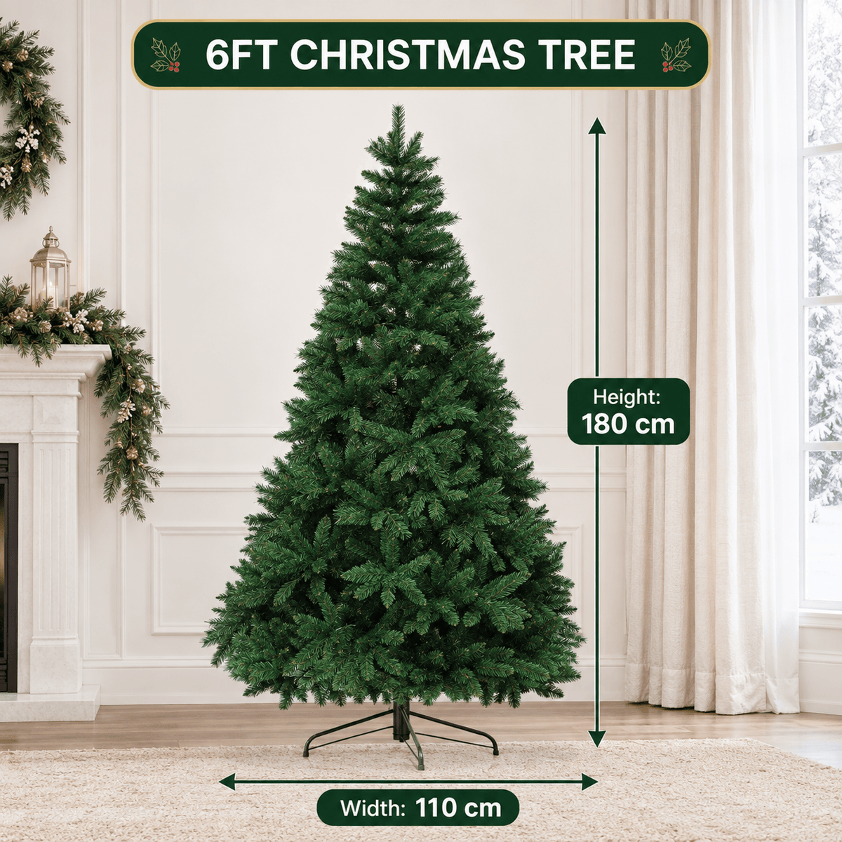 Realistic Full Green Artificial Christmas Tree - Premium PVC Xmas Tree for Indoor Home & Festive Decoration, 6ft/7ft