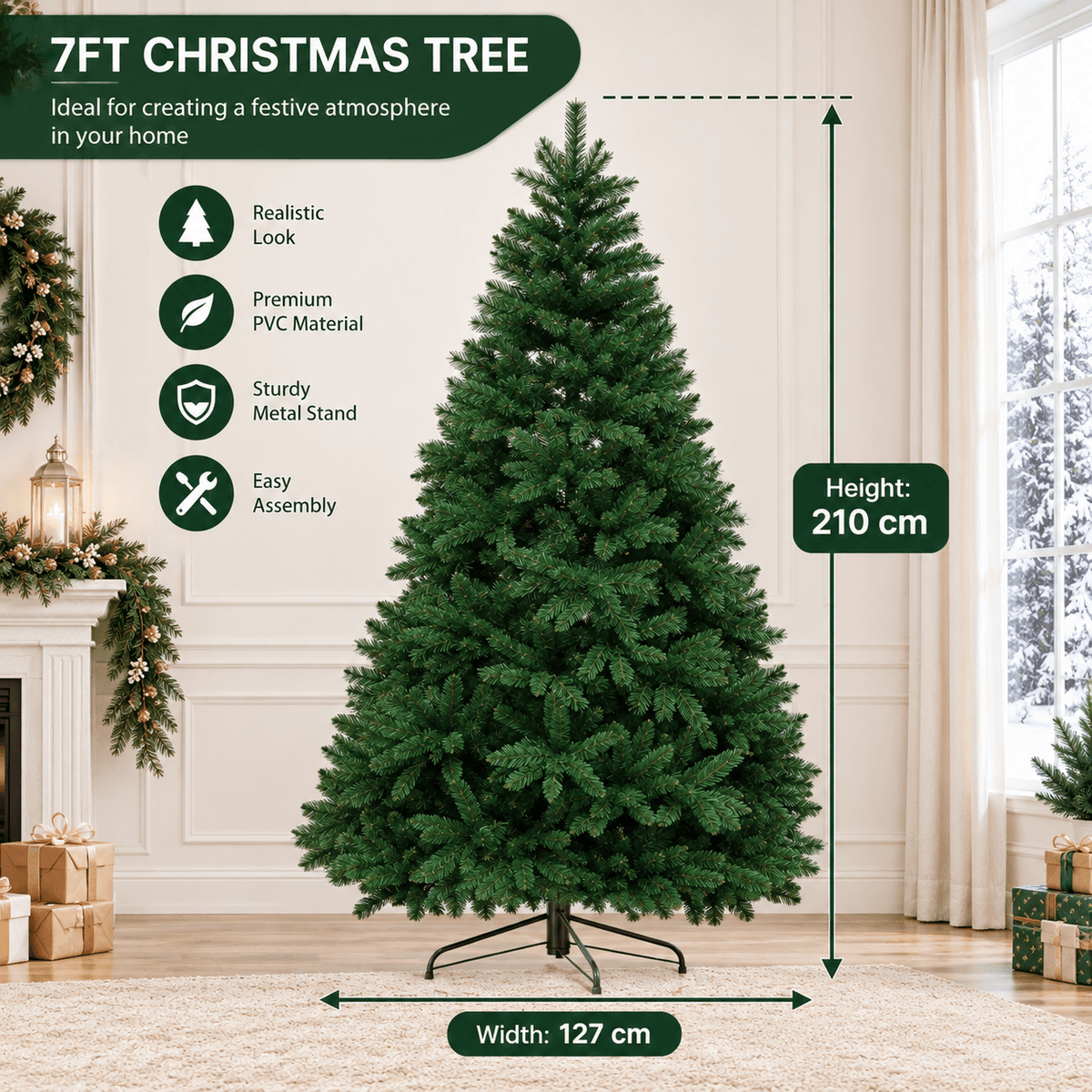 Realistic Full Green Artificial Christmas Tree - Premium PVC Xmas Tree for Indoor Home & Festive Decoration, 6ft/7ft