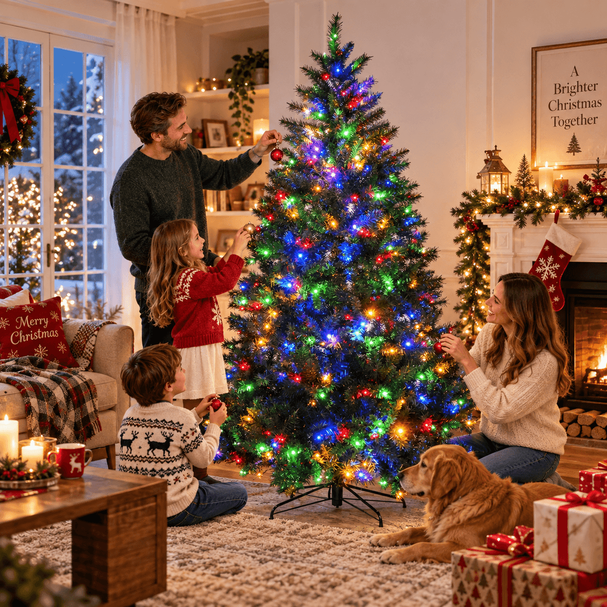Realistic Full Green Artificial Christmas Tree - Premium PVC Xmas Tree with Pre-Lit 11-Mode Color-Changing LED Lights, 6ft/7ft