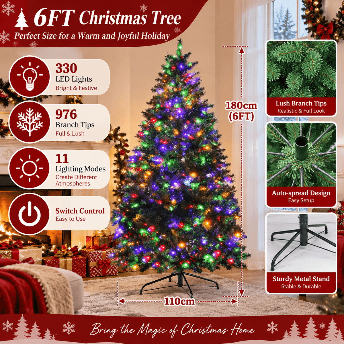 Realistic Full Green Artificial Christmas Tree - Premium PVC Xmas Tree with Pre-Lit 11-Mode Color-Changing LED Lights, 6ft/7ft