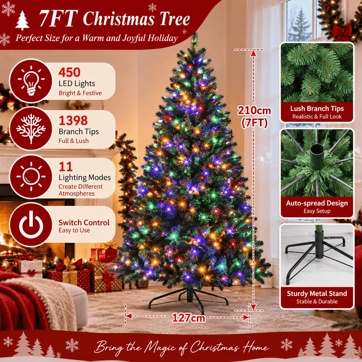 Realistic Full Green Artificial Christmas Tree - Premium PVC Xmas Tree with Pre-Lit 11-Mode Color-Changing LED Lights, 6ft/7ft