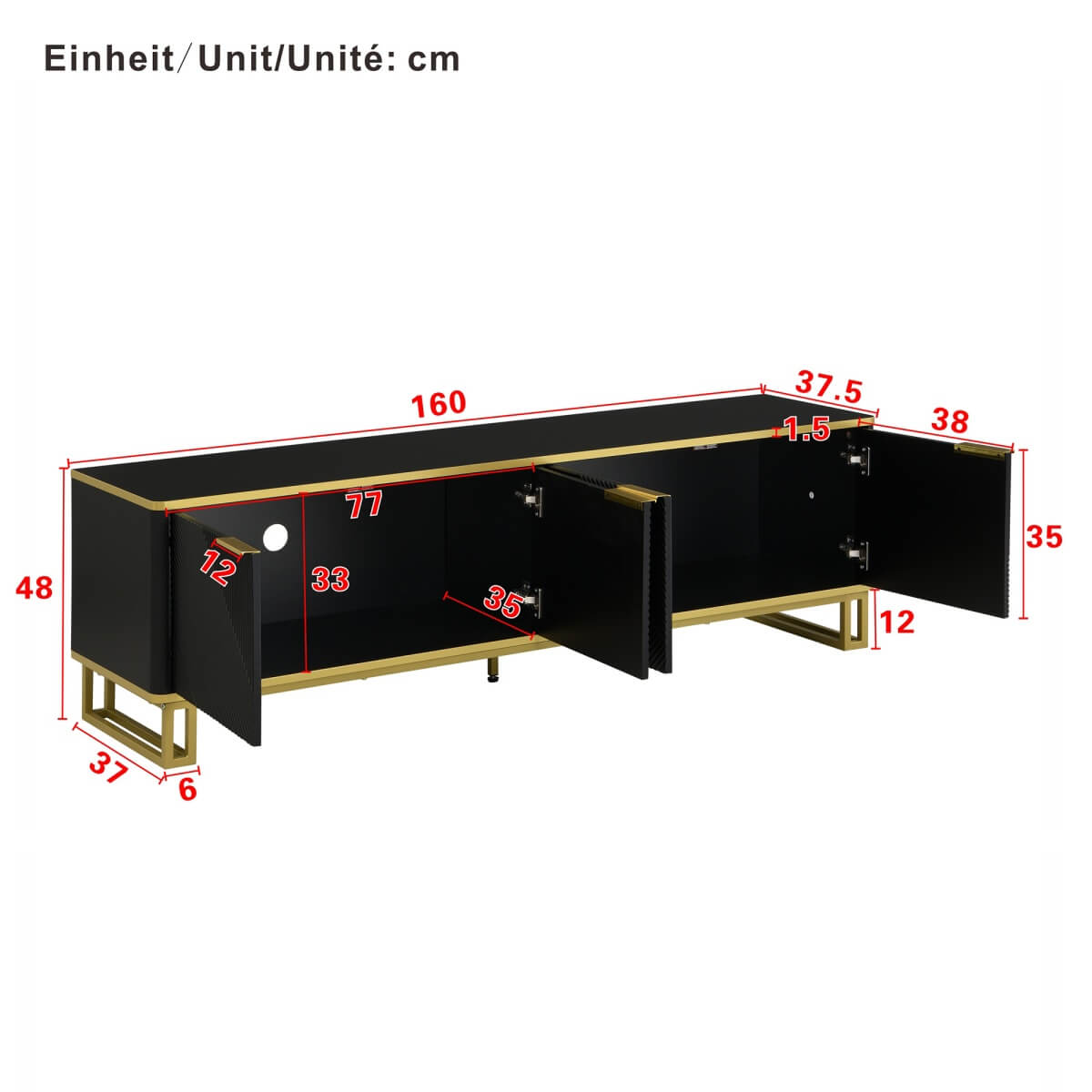 Modern TV Cabinet with 4 Doors - Geometric Texture TV Stand & Media Console, Black