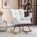 Teddy Fabric Upholstered Rocking Chair with Padded Seat and 2 Side Pockets - Tufted Nursery and Living Room Chair, Ivory White