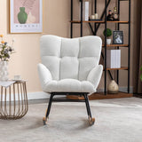 Teddy Fabric Upholstered Rocking Chair with Padded Seat and 2 Side Pockets - Tufted Nursery and Living Room Chair, Ivory White